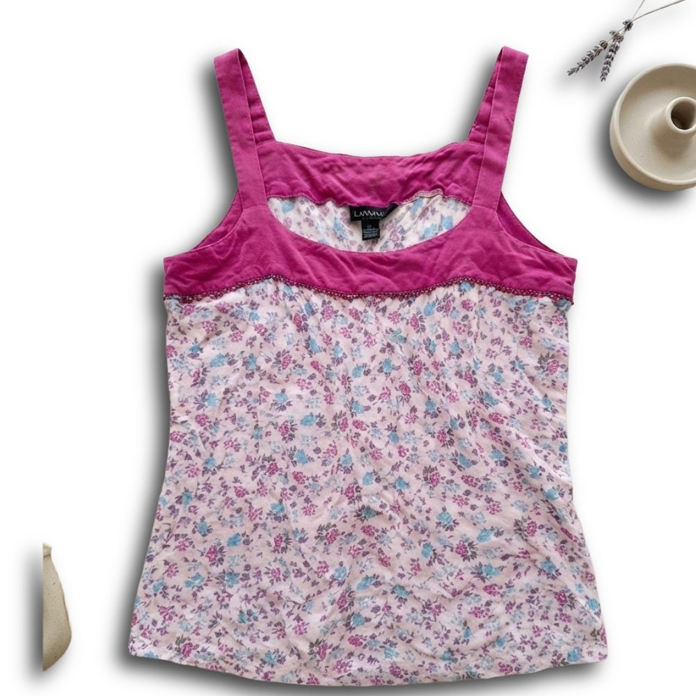 Lane Bryant Women Plus Size 20 Pink Floral Tank Top Blouse Magenta Yoke